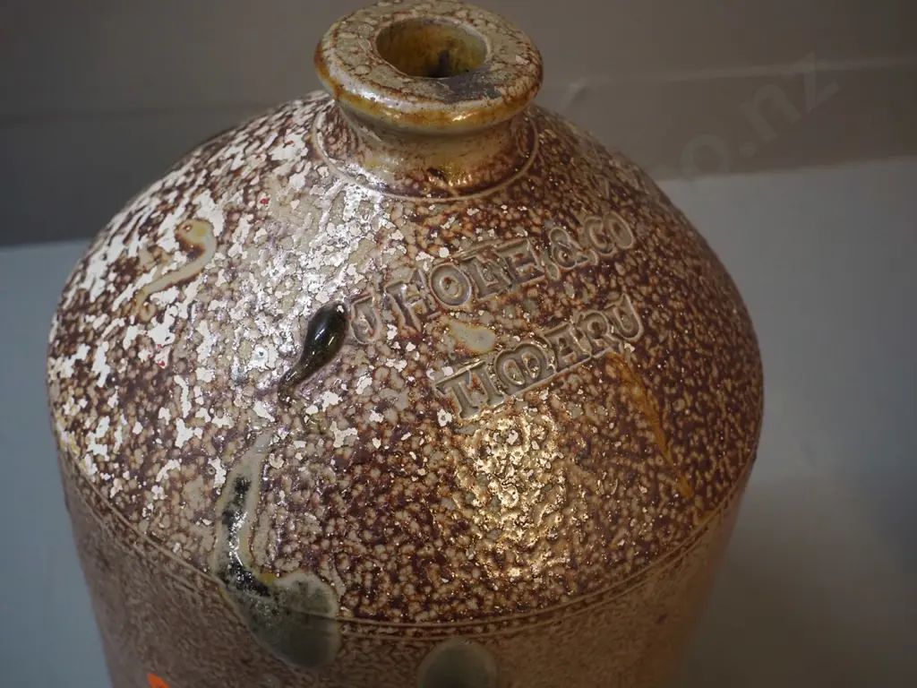narrow-mouth stoneware crock marked J Hole & Co Timaru / 2 Gallons Liquor - has small chip to mouth H-370 D-220 Image 1++