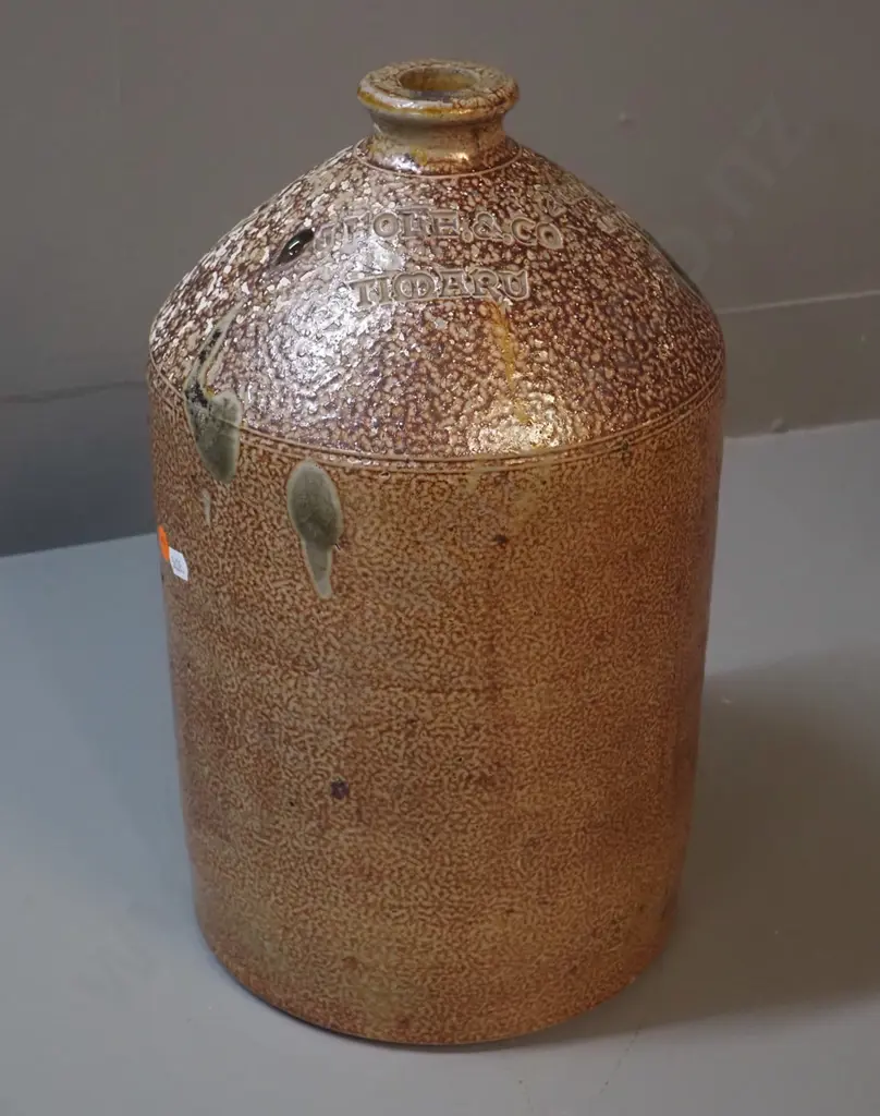 narrow-mouth stoneware crock marked J Hole & Co Timaru / 2 Gallons Liquor - has small chip to mouth H-370 D-220 Image 1++