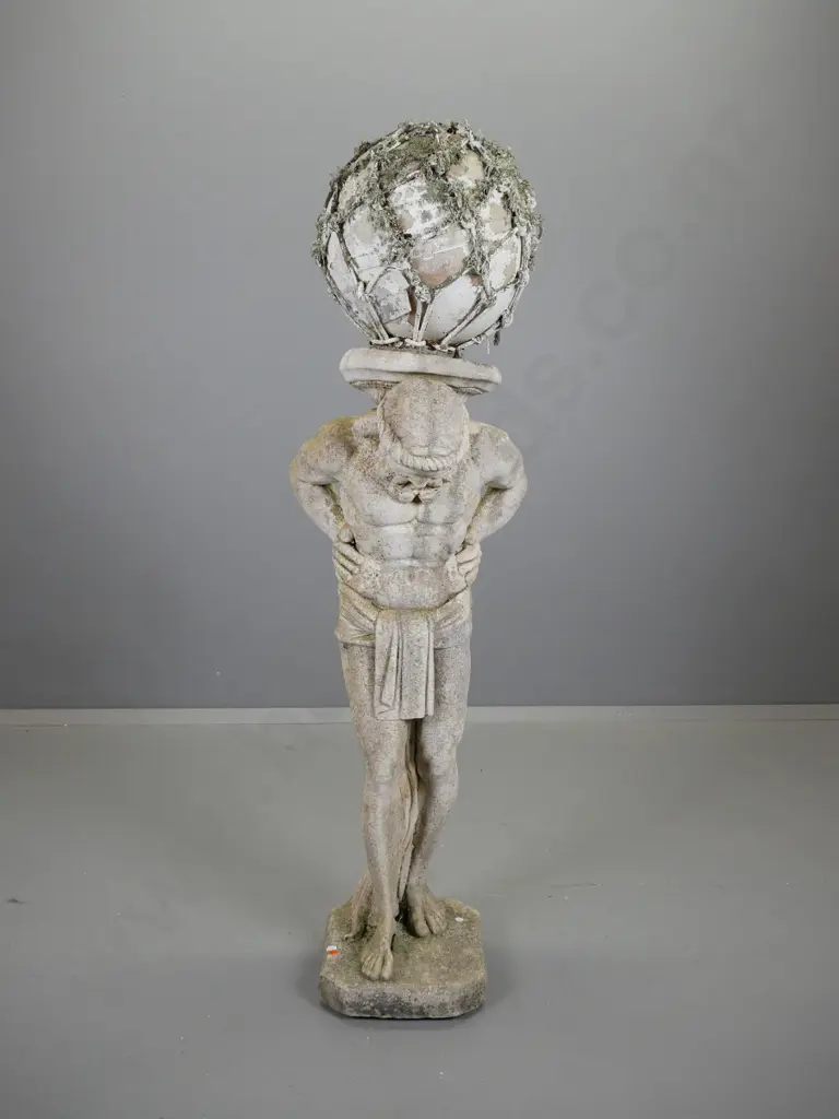cast concrete Atlas garden statue with painted fishing float mounted on top - some flaking paint H-1300 Base 250x290 Image 1++