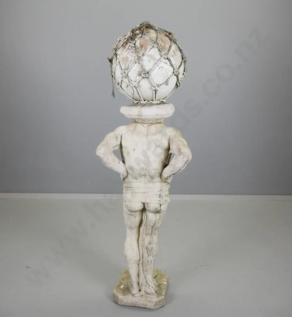 cast concrete Atlas garden statue with painted fishing float mounted on top - some flaking paint H-1300 Base 250x290 Image 1++