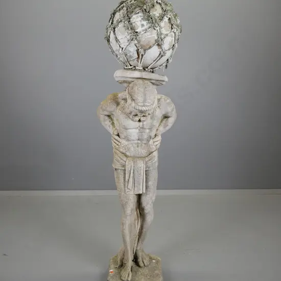 cast concrete Atlas garden statue with painted fishing float mounted on top - some flaking paint H-1300 Base 250x290