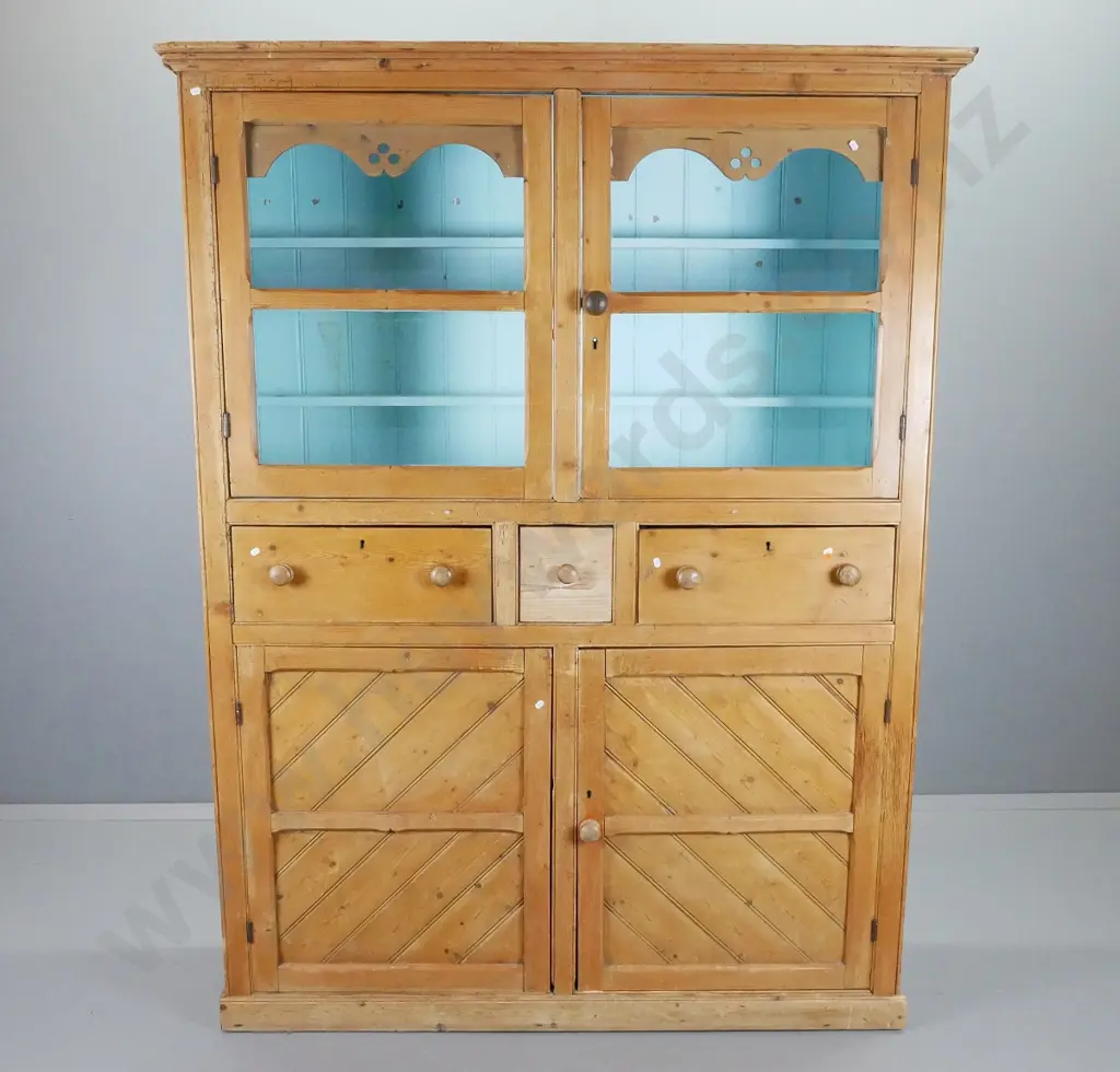 Victorian waxed Baltic pine kitchen cupboard with 3 drawers, 2 glazed upper doors, 2 panelled doors, painted duck egg Image 1++