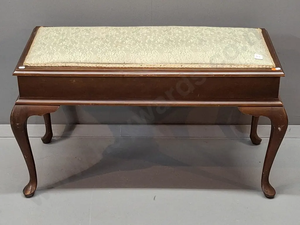 mixed timber cab-leg duet upholstered top piano stool with lift up lid - minor staining to fabric H-490 W-840 D-400 Image 1++
