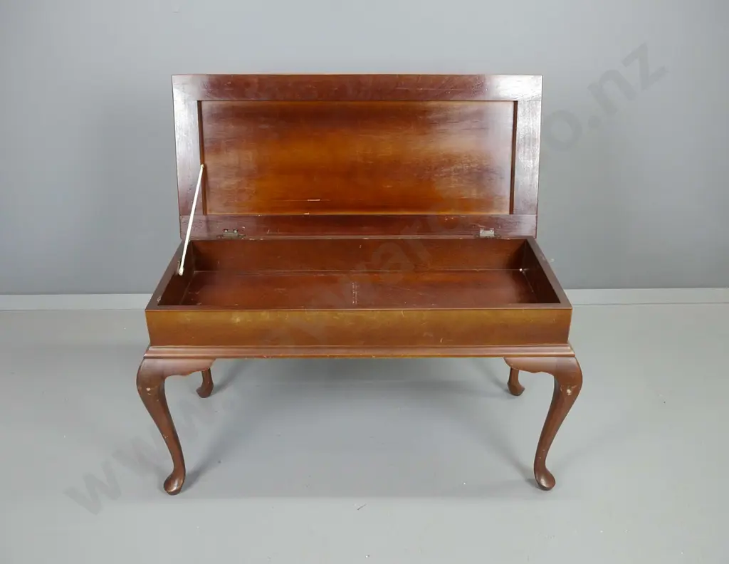 mixed timber cab-leg duet upholstered top piano stool with lift up lid - minor staining to fabric H-490 W-840 D-400 Image 1++