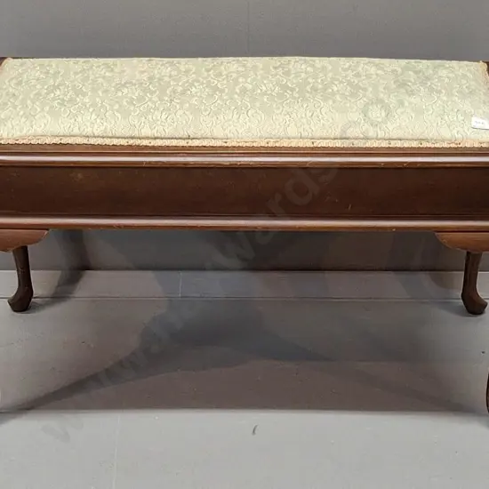 mixed timber cab-leg duet upholstered top piano stool with lift up lid - minor staining to fabric H-490 W-840 D-400