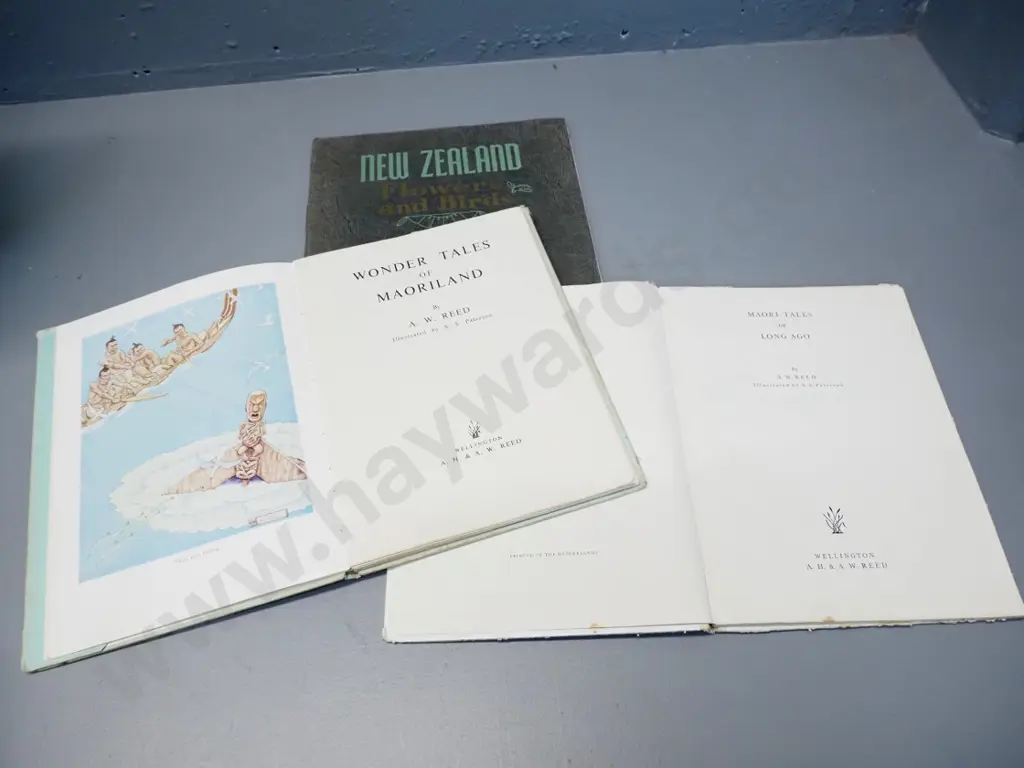 3 NZ books - Tales of Maoriland and Maori Tales of Long Ago (1958) - both pub. AW Reed and New Zealand Flowers & Birds Image 1++