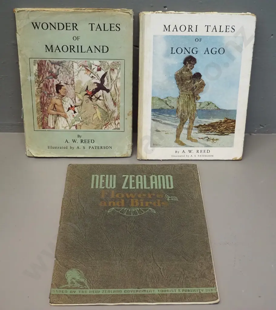 3 NZ books - Tales of Maoriland and Maori Tales of Long Ago (1958) - both pub. AW Reed and New Zealand Flowers & Birds Image 1++