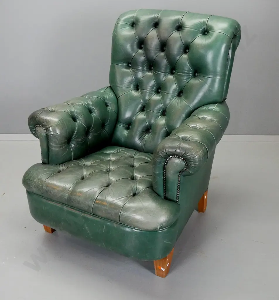 vintage green leather rolled arm deep-button club style armchair on tapered wooden legs, metal studded decoration Image 1++