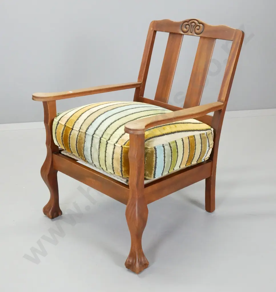 vintage mahogany fireside armchair with slat back, loose striped fabric seat cushion, ball & claw feet H830 W620 D600 Image 1++