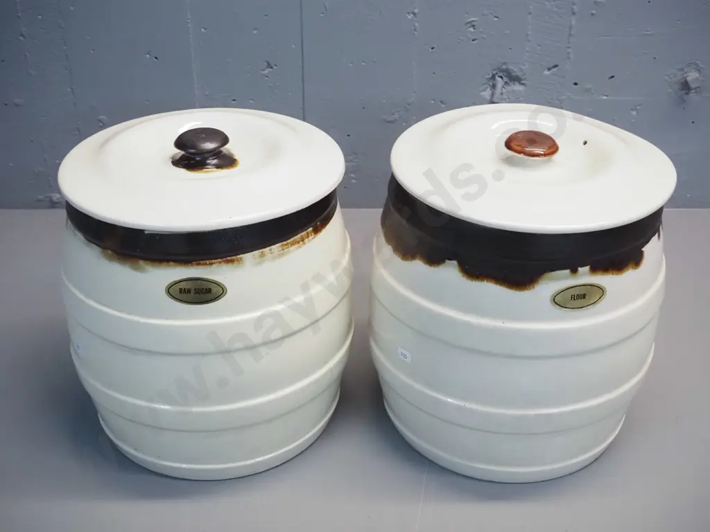 two Benhar pottery lidded storage crocks - one has fine crack to crock and to lid H-300 D-280 Image 1++