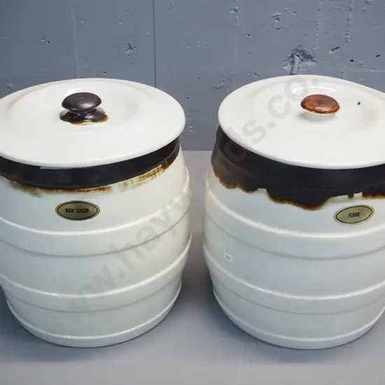 two Benhar pottery lidded storage crocks - one has fine crack to crock and to lid H-300 D-280