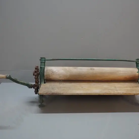 vintage cast iron and timber laundry mangle - mechanism siezed H-310 W-750 D-250