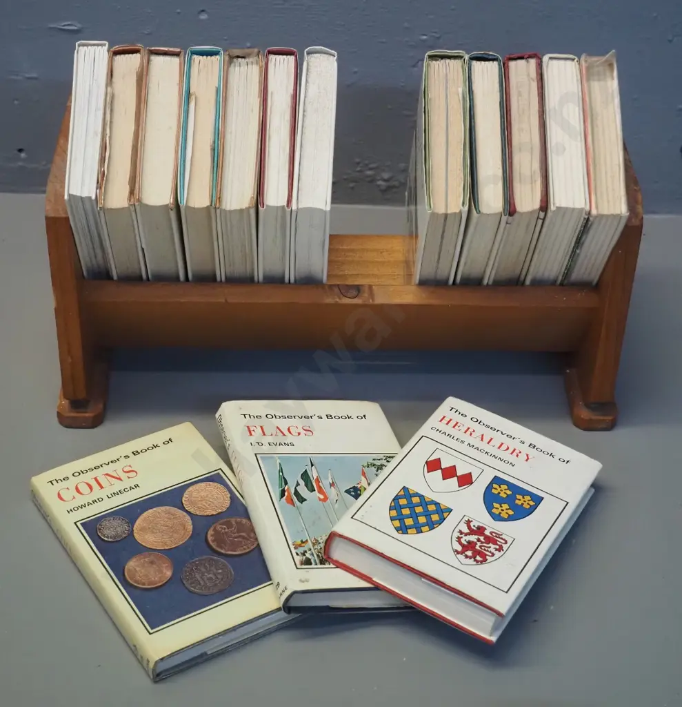 collection of 15 small Observer series books on various subjects, pub. Frederick Warne, on small bookshelf with inlaid Image 1++