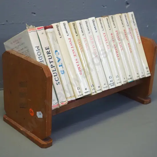 collection of 15 small Observer series books on various subjects, pub. Frederick Warne, on small bookshelf with inlaid