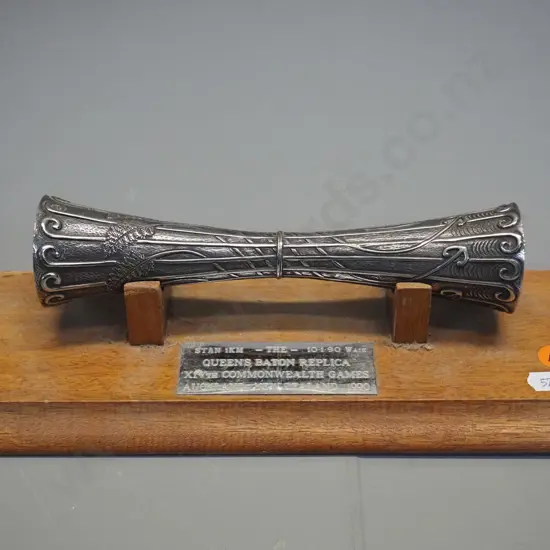 replica 1990 Commonwealth Games Queen's baton on wooden base - baton is L-200