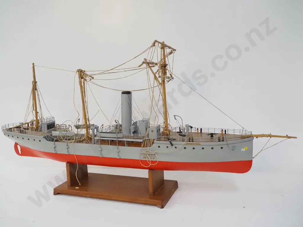 large timber model "Amokura" on stand. In restorer's condition, masts snapped etc. H-550 L-1550 Image 1++