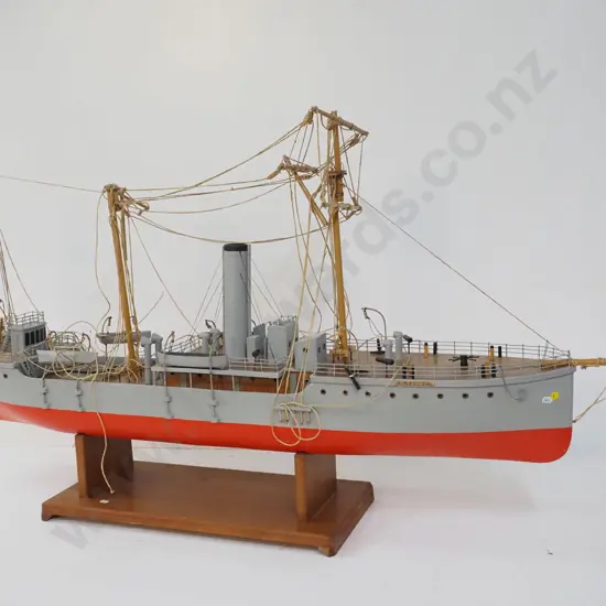 large timber model "Amokura" on stand. In restorer's condition, masts snapped etc. H-550 L-1550