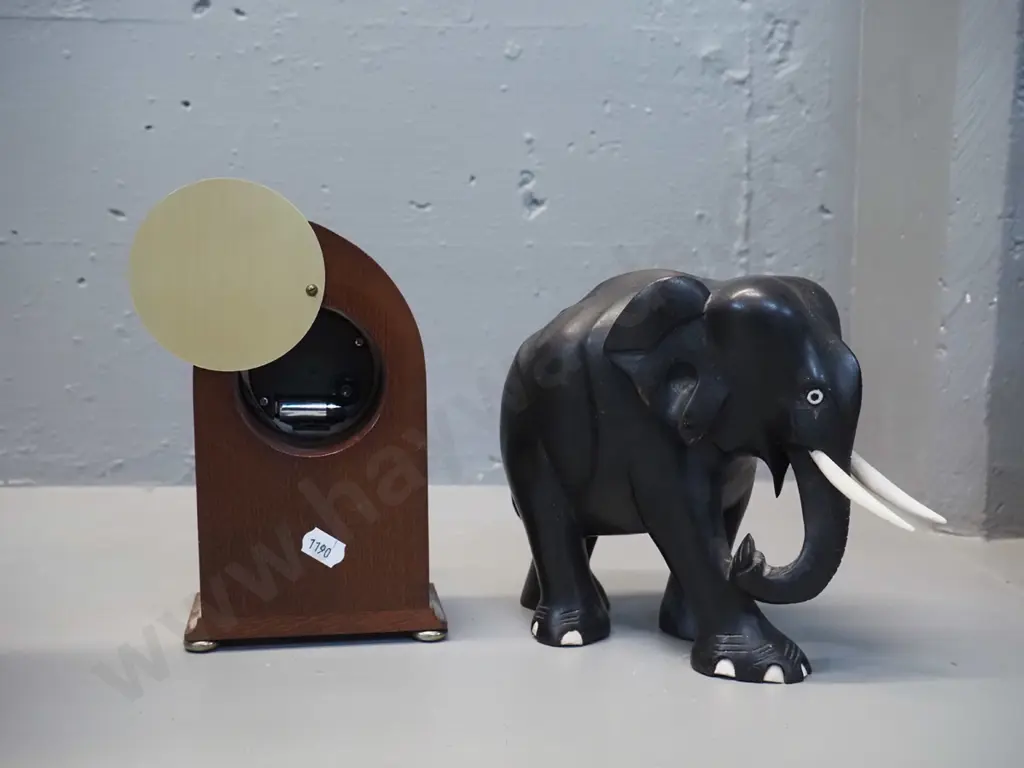 mahogany cased small mantel clock Knight & Gibbins w/ battery quartz movement, H175 and an ebony elephant H-150 L-200 Image 1++