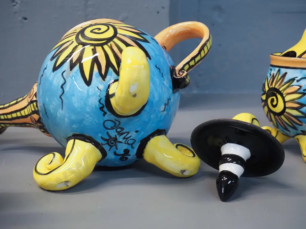 hand painted studio pottery teapot H190 :250, cream, sugar and 2 mugs - see photos for marks (teapot marked Tania?) Image 1++