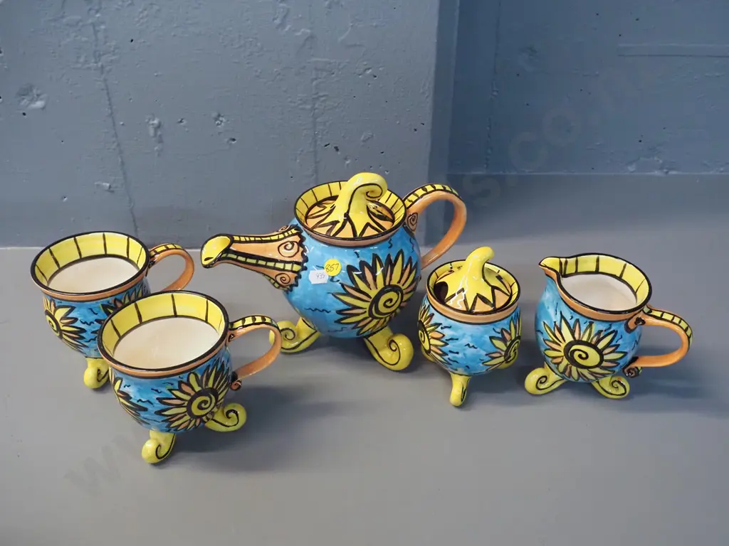 hand painted studio pottery teapot H190 :250, cream, sugar and 2 mugs - see photos for marks (teapot marked Tania?) Image 1++
