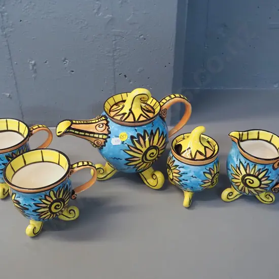 hand painted studio pottery teapot H190 :250, cream, sugar and 2 mugs - see photos for marks (teapot marked Tania?)