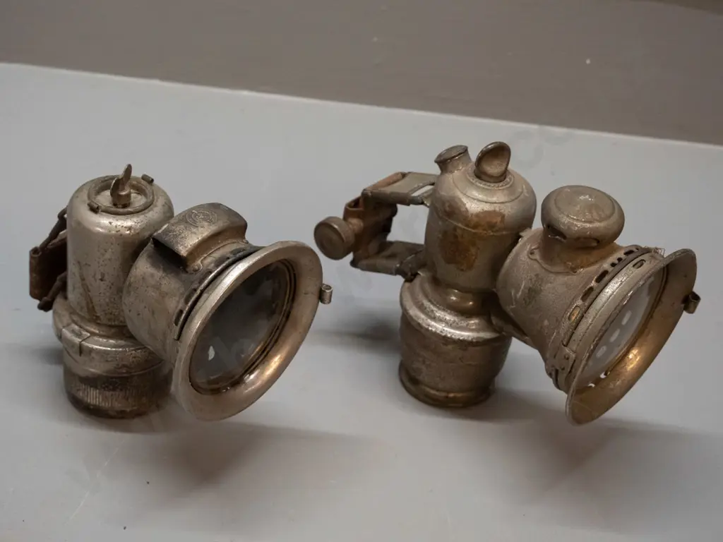 2 vintage carbide bicycle lamps - one marked Joseph Lucas Birmingham, other slightly larger has no maker's marks Image 1++