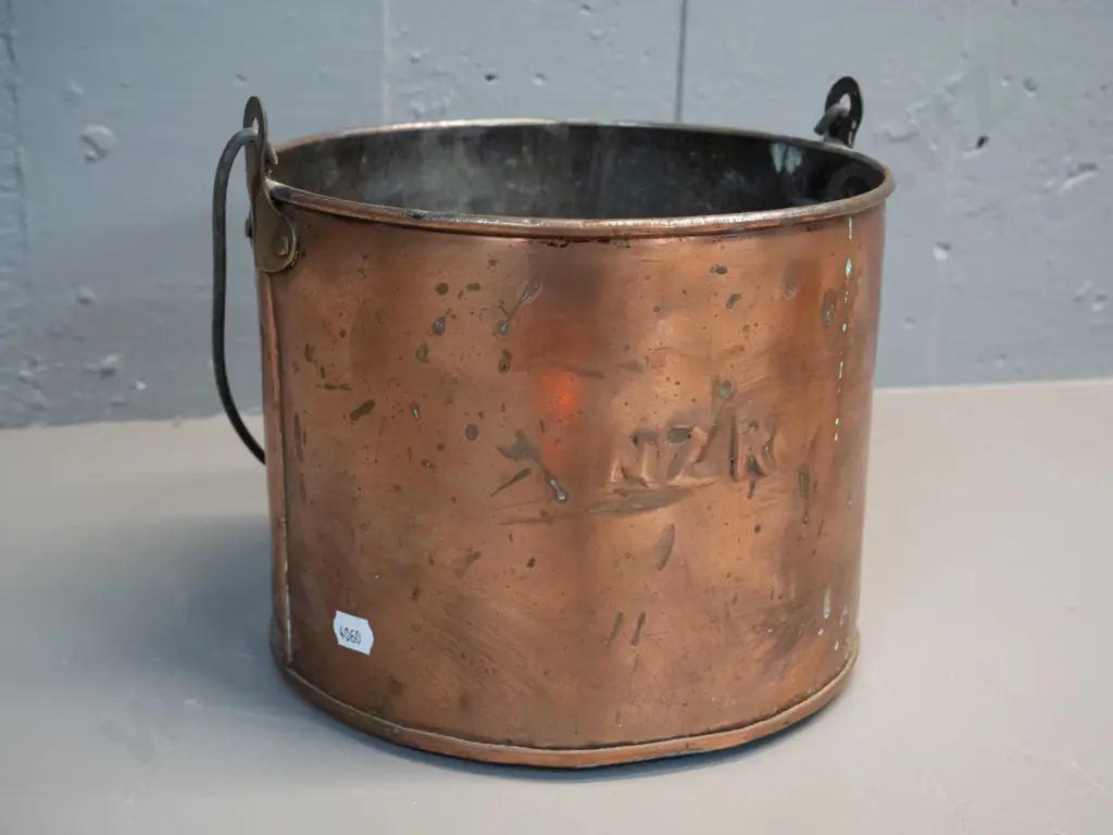 copper NZR billy / handled pail - NZR embossed on side H-180 D-210 Image 1++