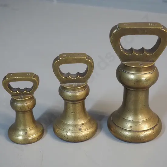set of 3 vintage brass bell weights with crown and "ER" logo - marked 1, 2 and 4 lb. - largest H-150