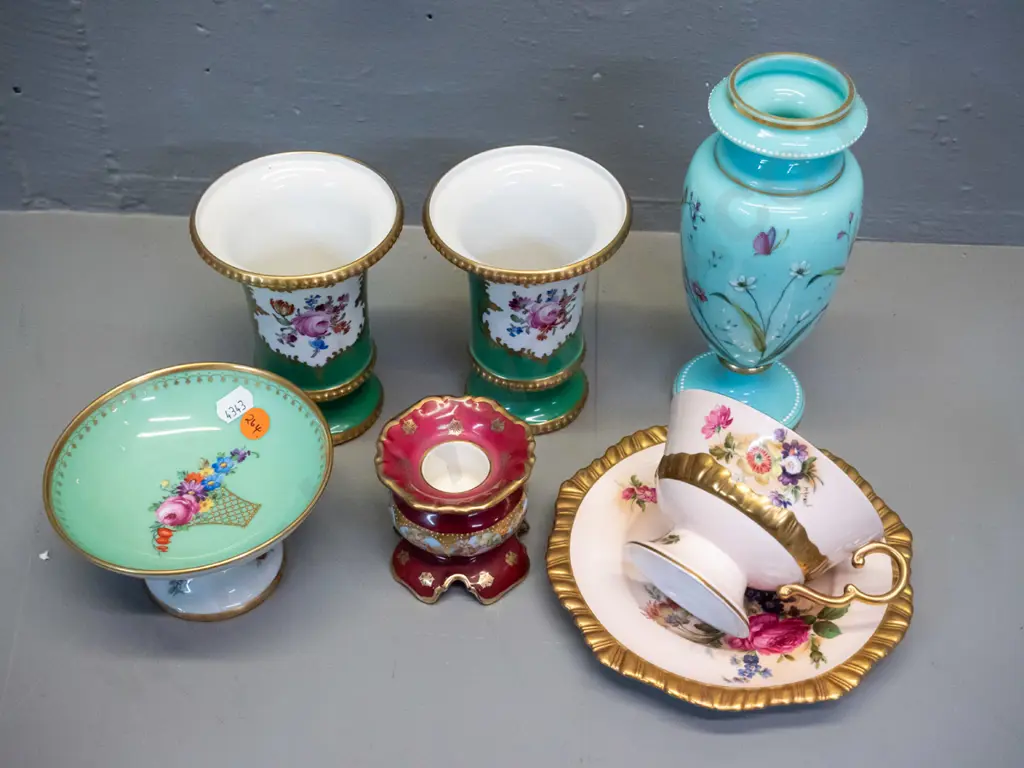 4 pieces German porcelain, Caverswall hand-painted and signed cup & saucer, & a Victorian hand-painted glass vase H-185 Image 1++