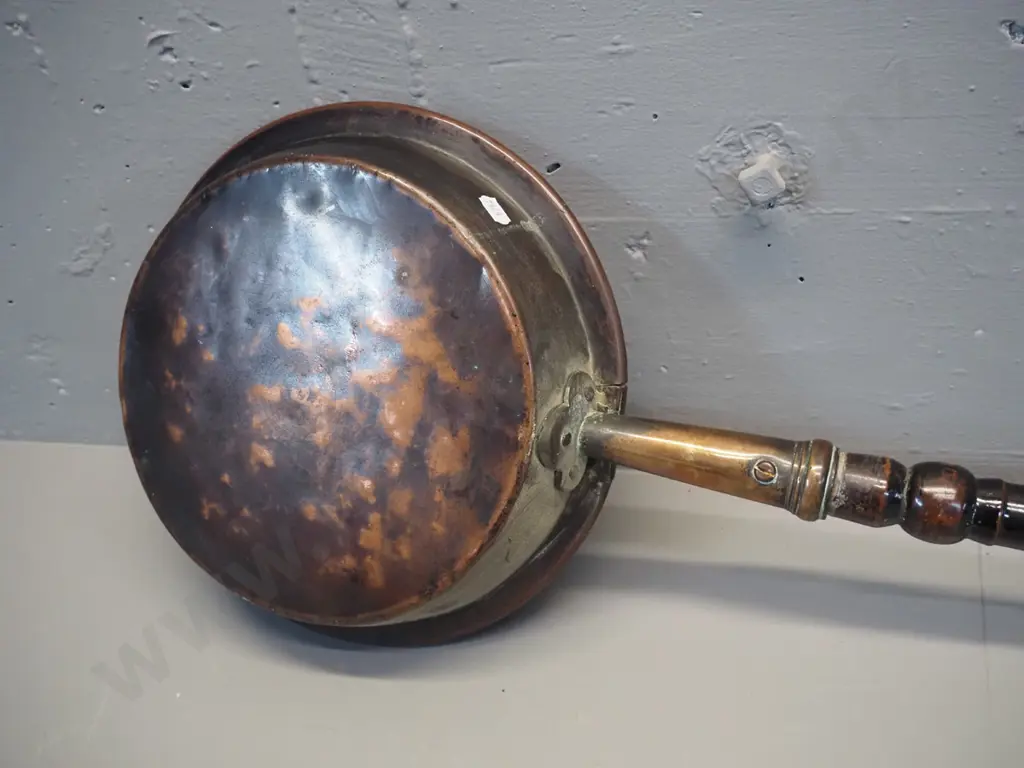 vintage copper bed warmer with long timber handle - overall L-1080 Pan D-270 Image 1++