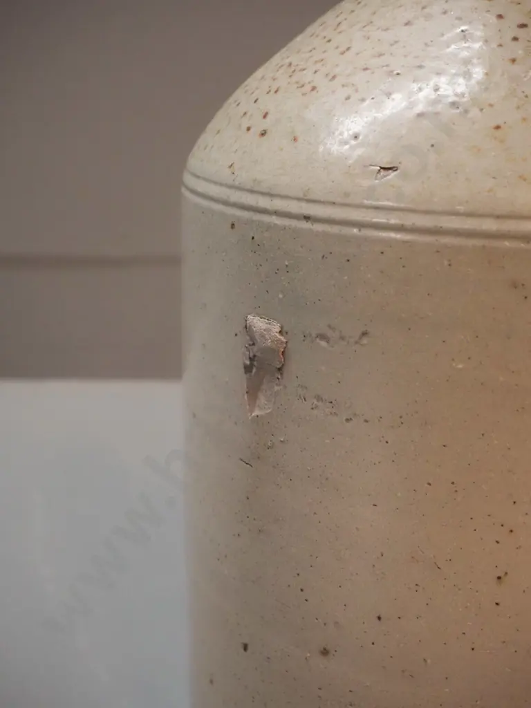 small narrow-mouth stoneware crock with cork stopper - marked D. Stewart & Co Green Island - chip to mouth H-330 D-180 Image 1++