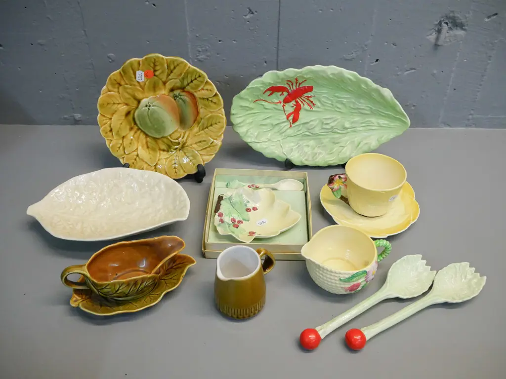 Carlton ware flower-handled cup & saucer, lobster dish & servers, boxed jam dish & spoon, Sarreguemines small plate, etc Image 1++