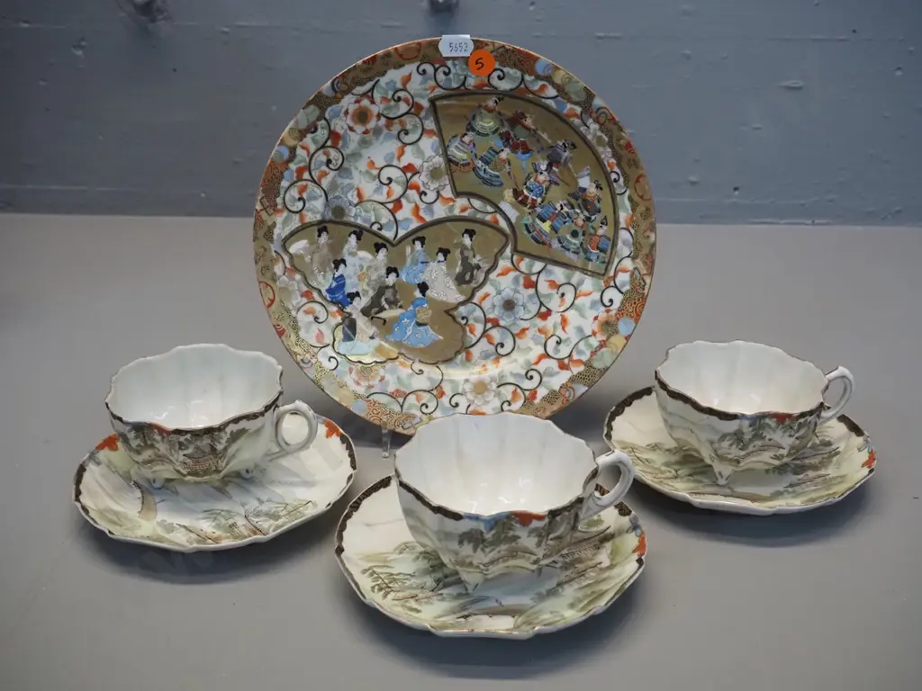 vintage Japanese teaware - 3 cups & saucers and a plate D-215 - some wear to decoration Image 1++