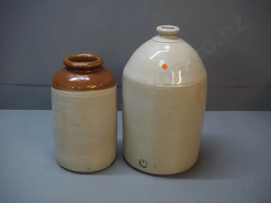 2 stoneware crocks - larger narrow mouth marked Timaru Potteries H410 D-230 and smaller wide mouth, no maker's marks Image 1++