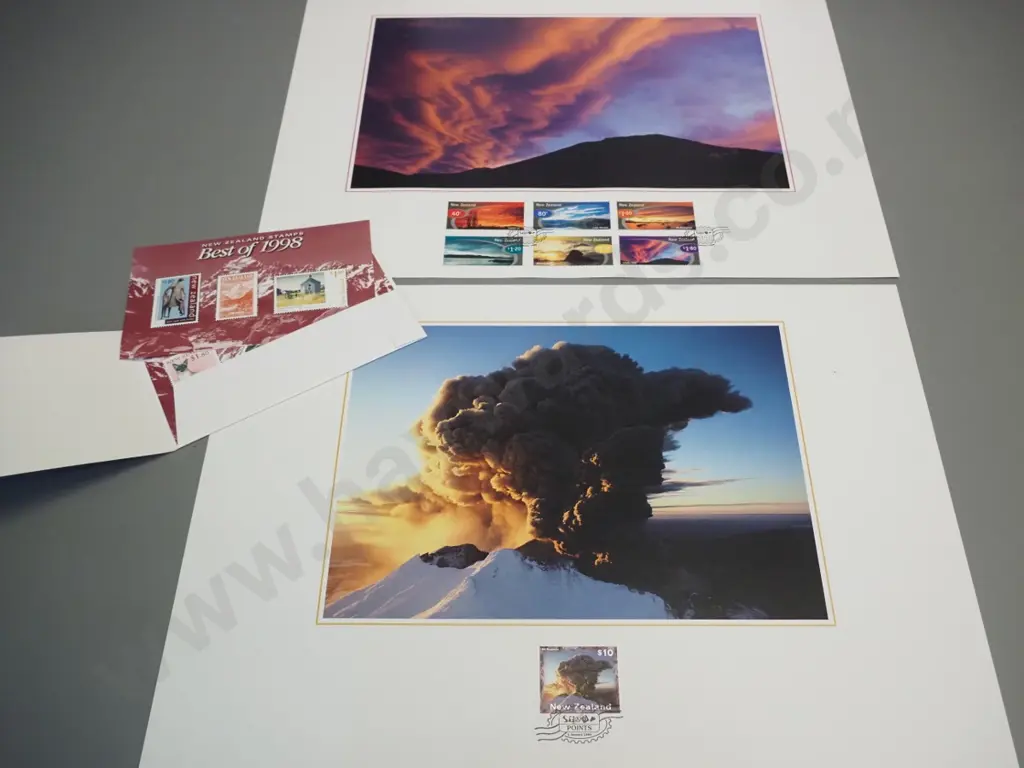 3 New Zealand Post collector's stamp & poster prints: Ruapehu and Lindis Pass, pictorial reissue, and a Best of 1998 set Image 1++