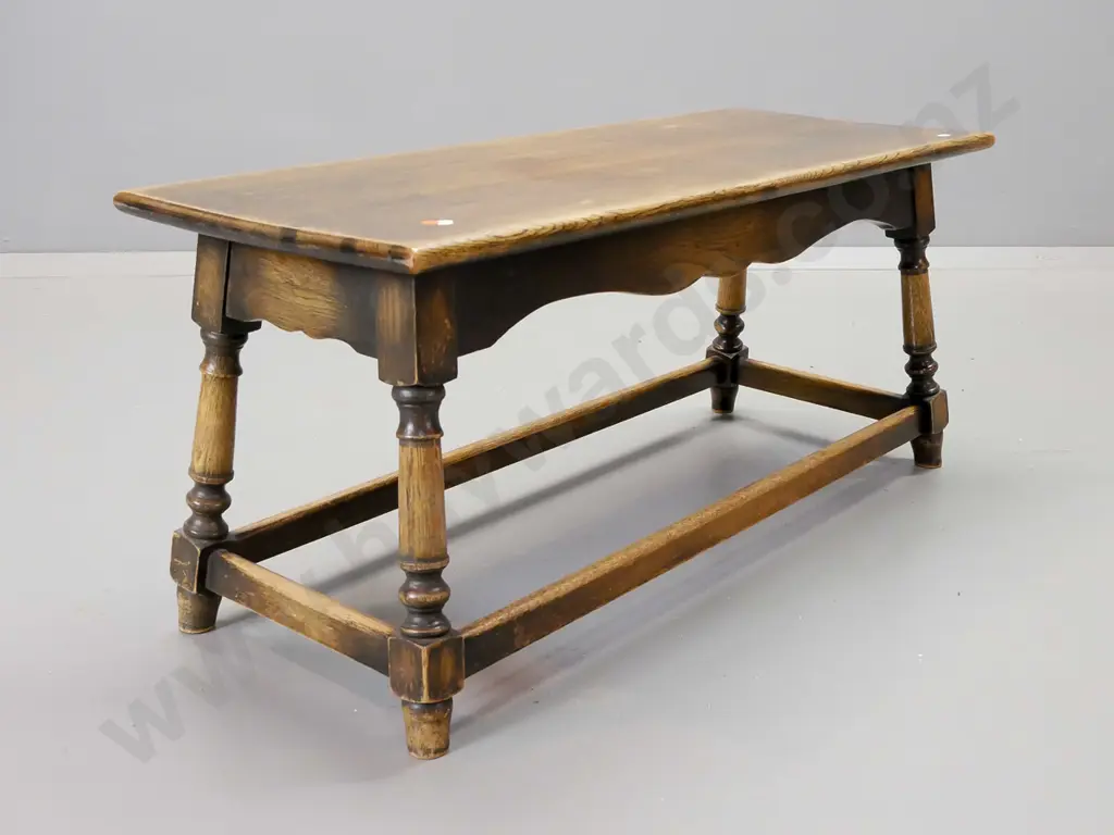 oak turned leg coffee table on box section refectory base - wear to surface H-420 W-920 D-370 Image 1++