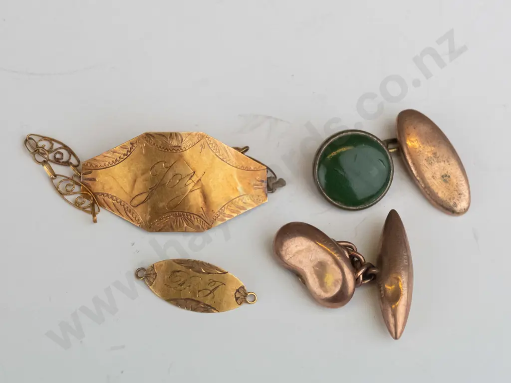 1 9ct cuflink, gilt greenstone cufflink, small 9ct ID plate engraved DJ .50gms & ID bracelet plate engraved Joy Image 1++