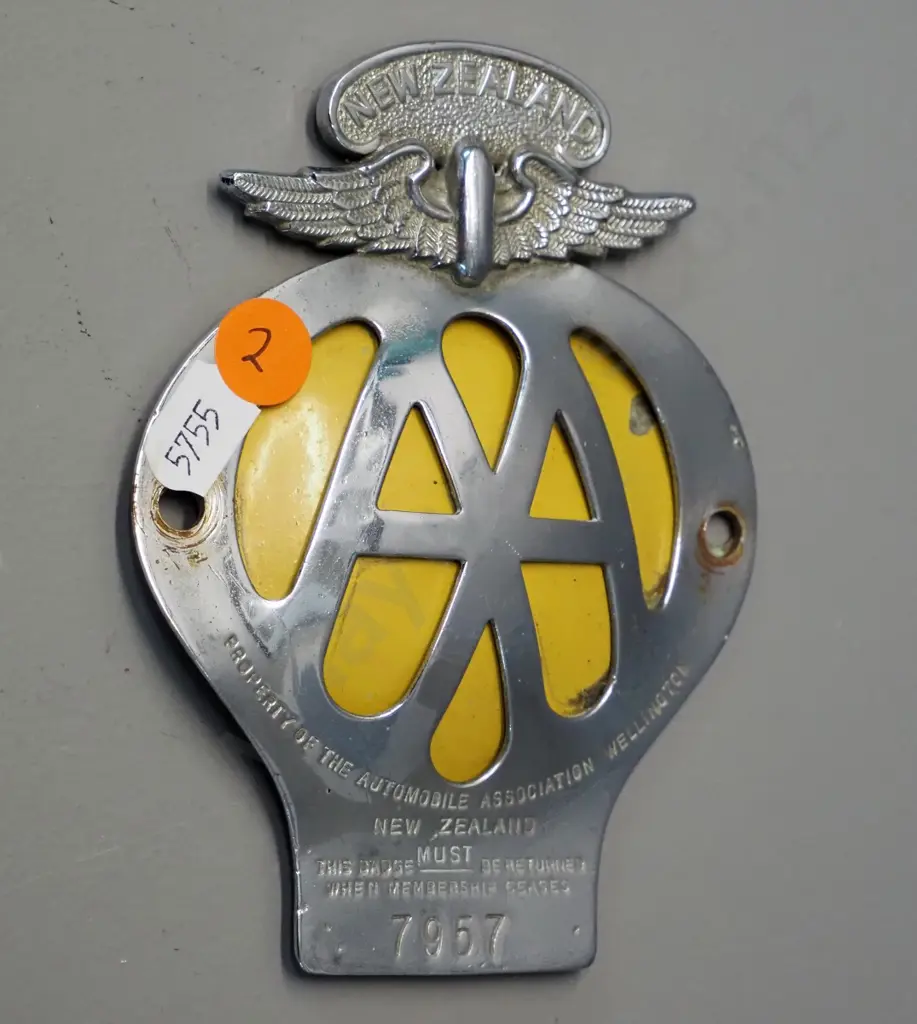 vintage New Zealand Automobile Association chrome car badge with yellow insert - some paint loss Image 1++