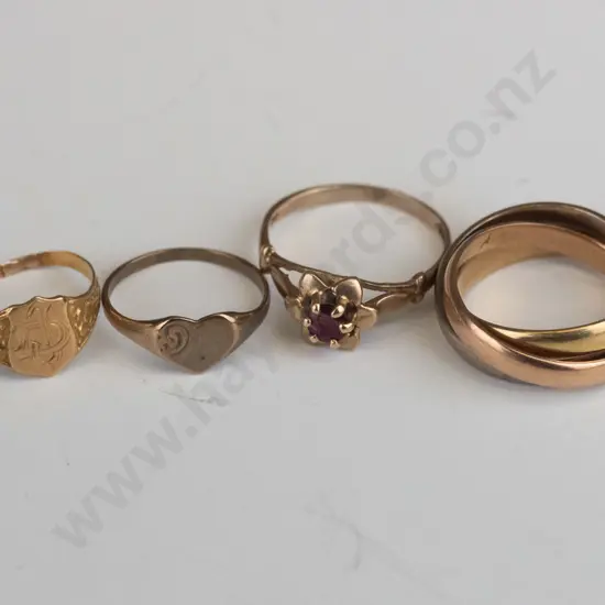 18ct Russian roller ring yellow/ white/rose gold 6.3gms, 9ct heart ring .8gms, 9ct red stone1.3gms,& 9ct ring 8gms