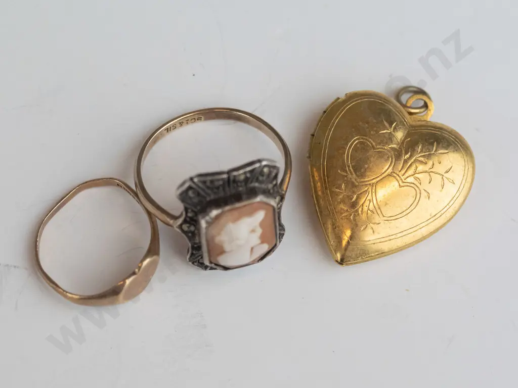 9c shield engraved ring, 9ct silverhead cameo marcasite ring [both small size] & gold plated heart locket no chain Image 1++