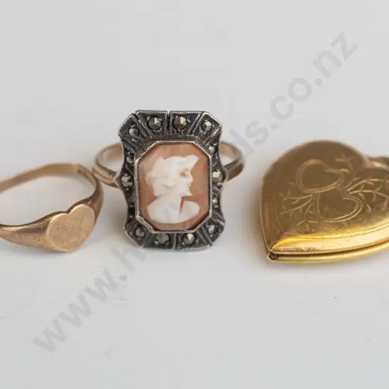9c shield engraved ring, 9ct silverhead cameo marcasite ring [both small size] & gold plated heart locket no chain