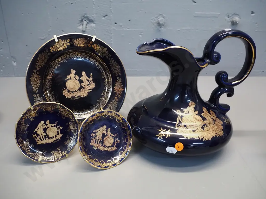 4 pieces of Limoges cobalt and gold romance ware - jug H-230 and 3 plates Image 1++