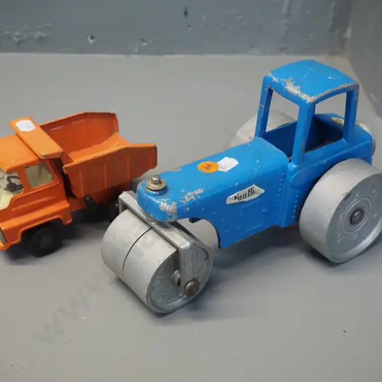 vintage cast metal Fun Ho road roller - wear to paint and decals - H-130 L-240 and an orange tip truck, no maker's marks