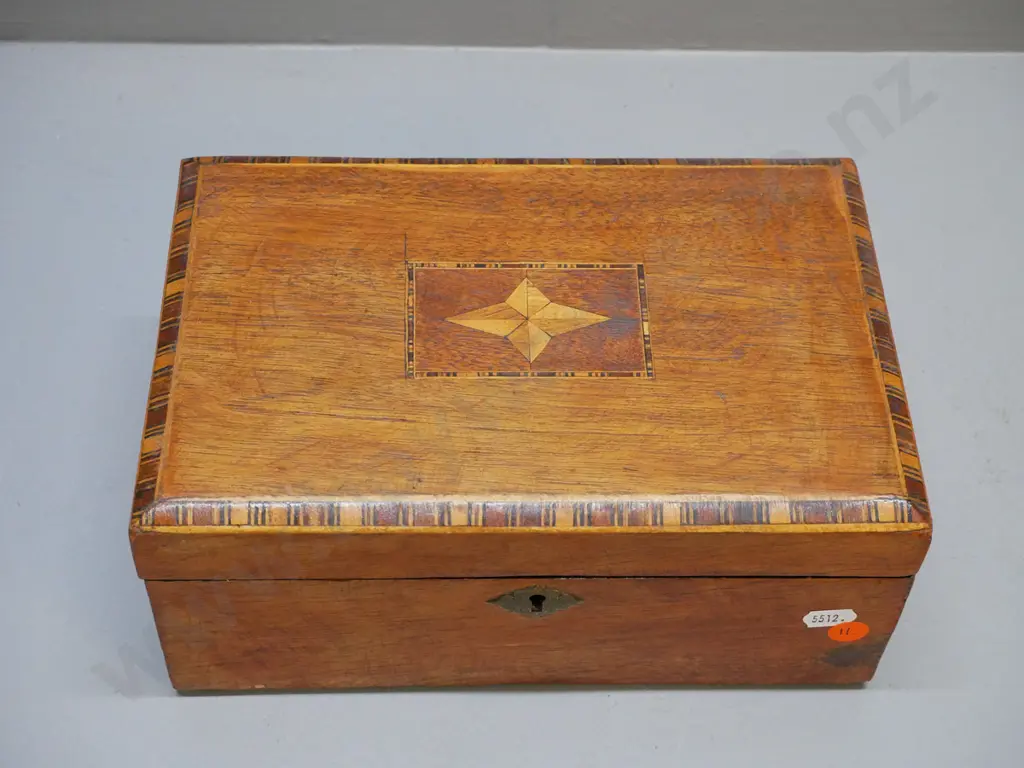 early timber box with inlaid banding and centre motif, brass escutcheon, lining damaged and original tray missing H-110 Image 1++