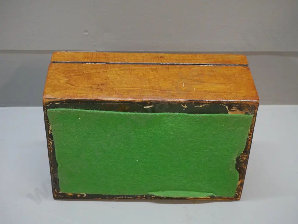 early timber box with inlaid banding and centre motif, brass escutcheon, lining damaged and original tray missing H-110 Image 1++