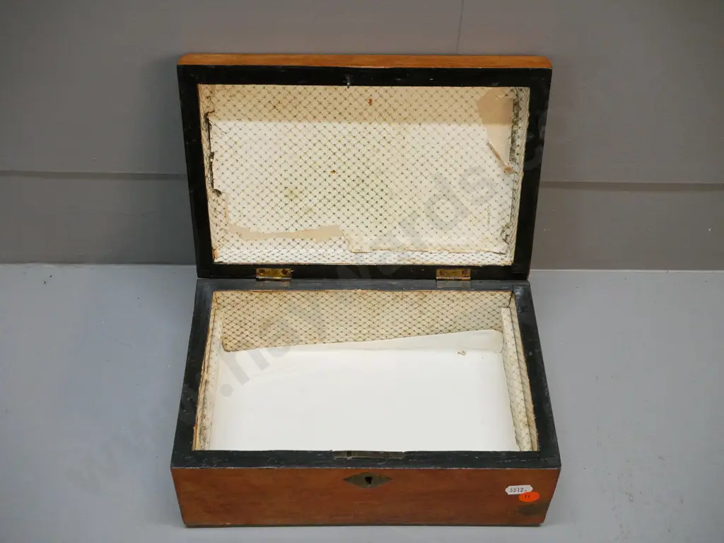 early timber box with inlaid banding and centre motif, brass escutcheon, lining damaged and original tray missing H-110 Image 1++