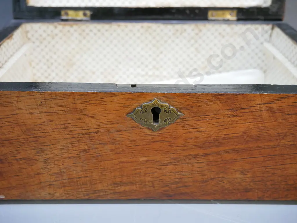 early timber box with inlaid banding and centre motif, brass escutcheon, lining damaged and original tray missing H-110 Image 1++