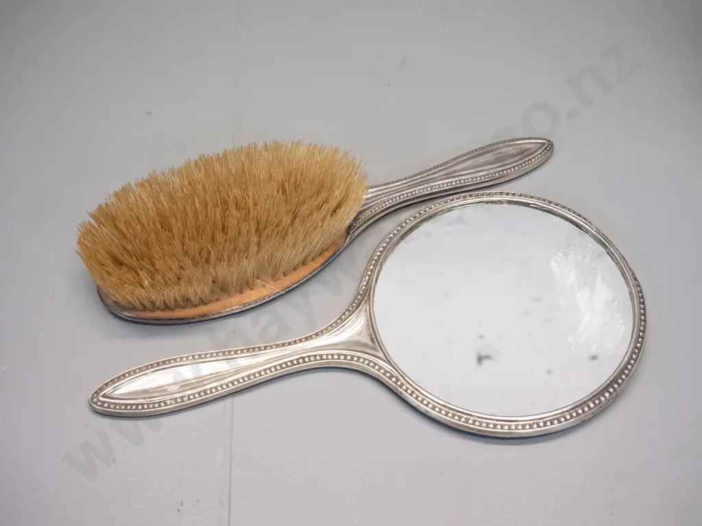 sterling silver dressing table mirror and brush - both monogrammed AJ, mirror is L-270, has adhesive residue on glass Image 1++