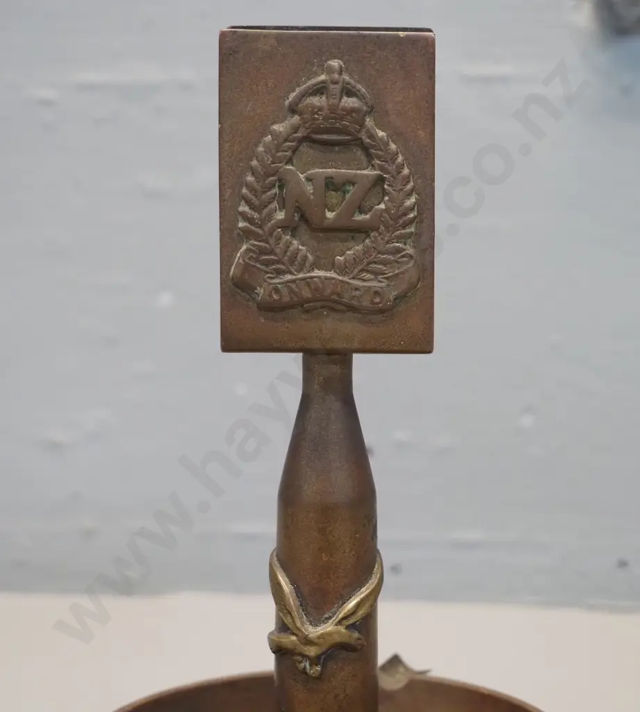 vintage brass ashtray and matchbox holder made from shell casings with NZ Infantry logo - one cigarette holder missing Image 1++