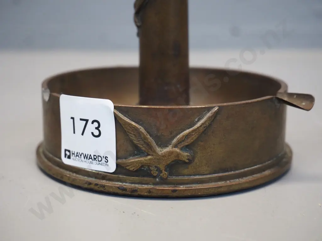 vintage brass ashtray and matchbox holder made from shell casings with NZ Infantry logo - one cigarette holder missing Image 1++